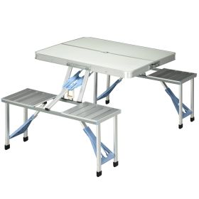 Outsunny Folding Picnic Table with Umbrella Hole, Aluminum Suitcase Portable Outdoor Table with Bench, Patio, Porch or Camping Table and Chair Set (Color: as Pic)