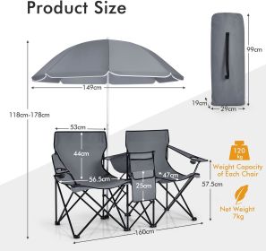 US Camping Portable Outdoor 2-Seat Folding Chair with Beach Umbrella & Mini Table Carrying Bag, Camping Chair for Patio (Color: Grey)