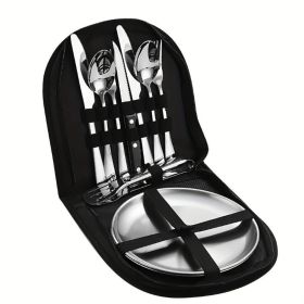 two set of 10 portable stainless steel tableware, suitable for hotels/restaurants/gatherings, hiking, and camping adventures. There are plates, forks (Colour: Black)