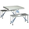 Outsunny Folding Picnic Table with Umbrella Hole, Aluminum Suitcase Portable Outdoor Table with Bench, Patio, Porch or Camping Table and Chair Set